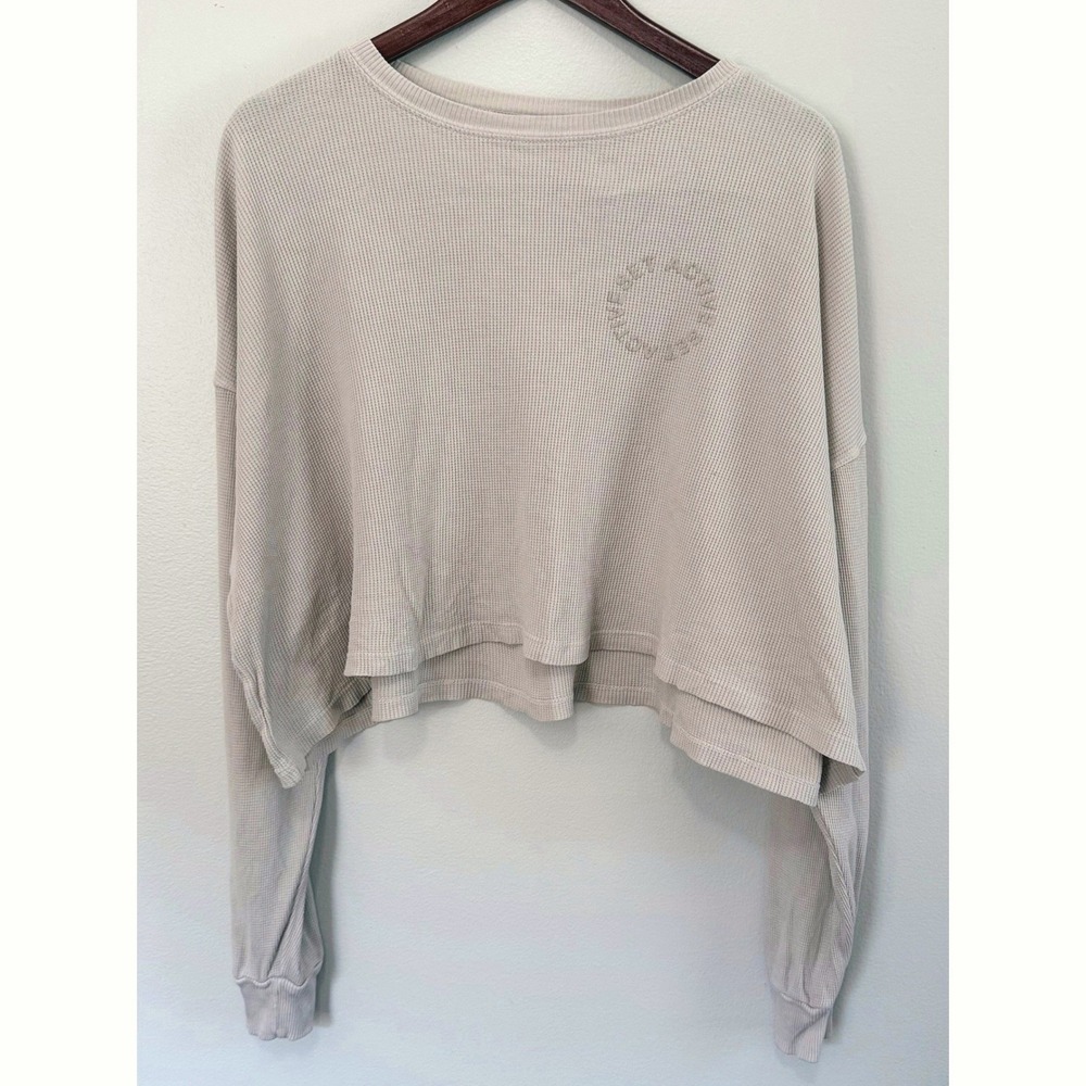 SET ACTIVE Beige Waffle Knit Boxy Cropped Long Sleeve Thermal Top Size Medium